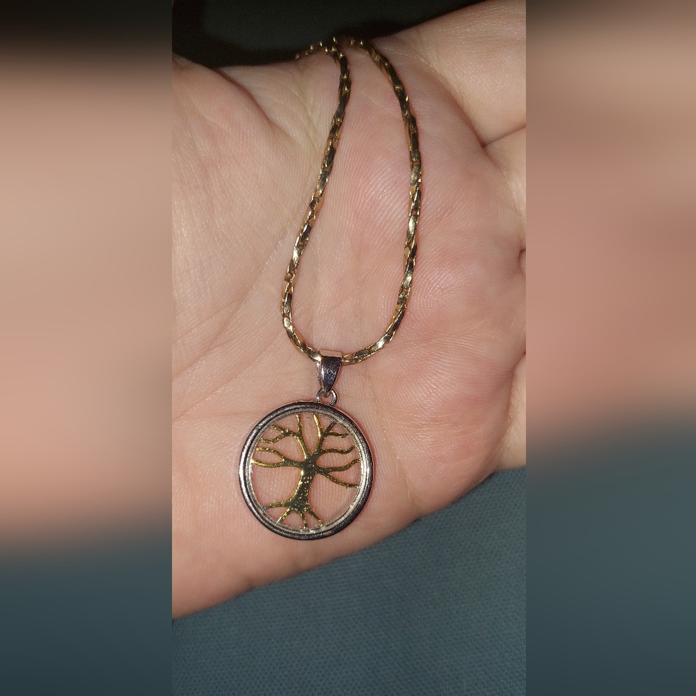 Gold and Silver Tree of Life Pendant With Glass And Chain